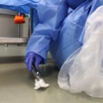 Healthcare worker picking up trash
